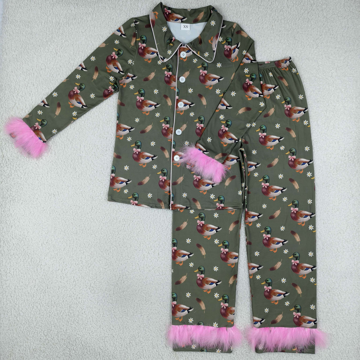 NO MOQ RTS GLP3628 women Clothes Mallard Duck Print Pink Feather Trim Long Sleeve Button Up Pajama Outfit Set 202610