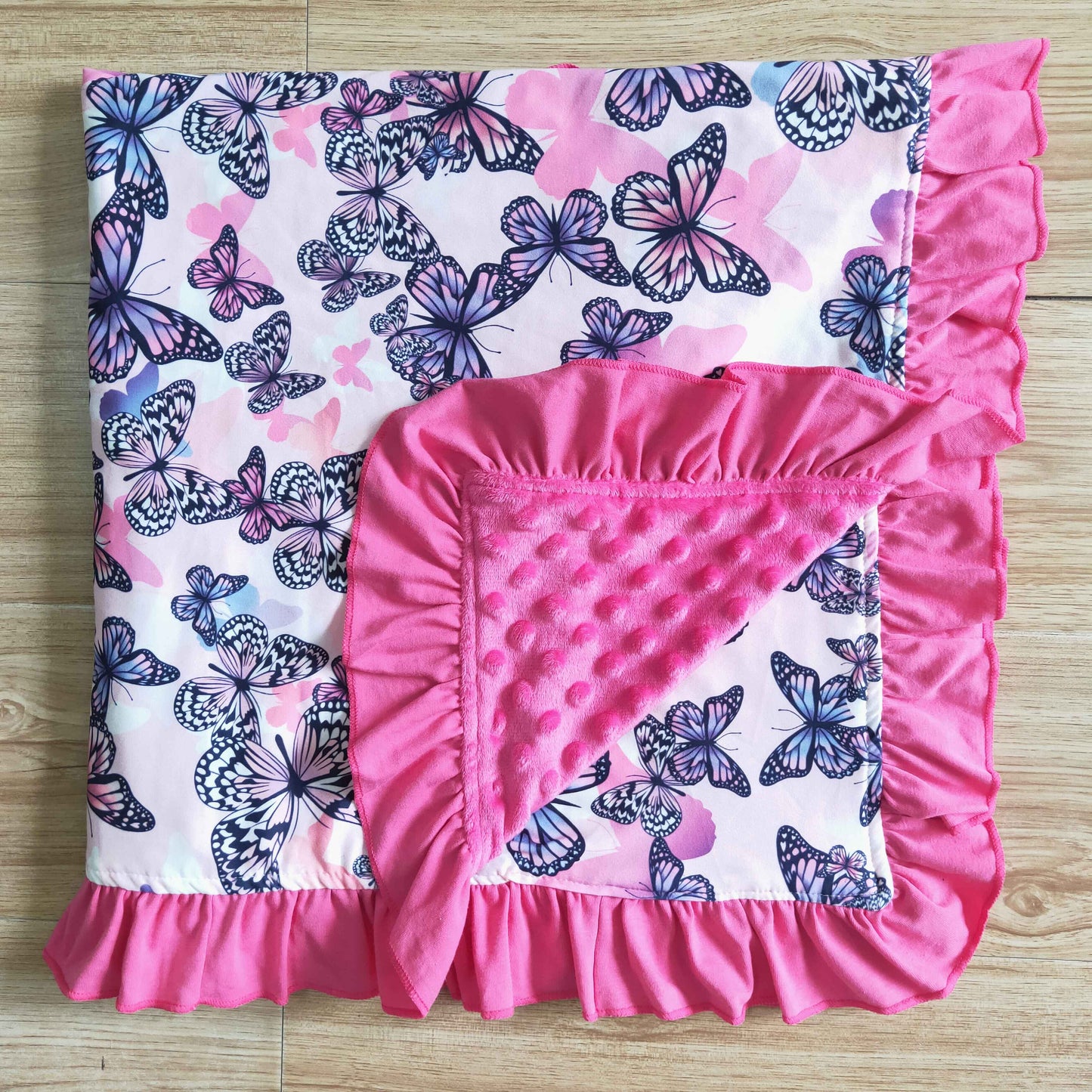 pink blue butterfly ruffle blanket 0420