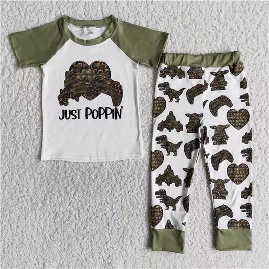 dinosaur P toy print short sleeve green boy pajamas outfit 0707 RTS