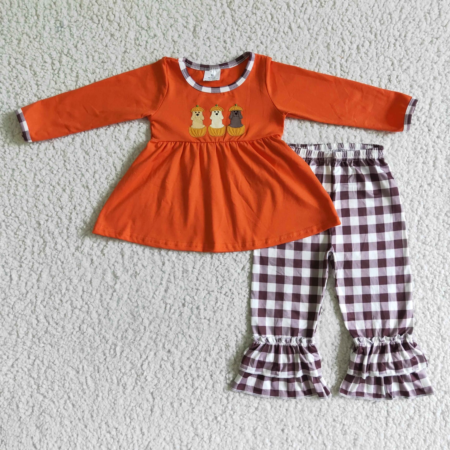 Promotion RTS GLP0026 Embroidered egg dog orange top long sleeve purple plaid ruffle pants girl outfit 0627