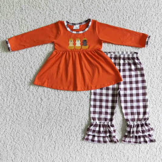 Promotion RTS GLP0026 Embroidered egg dog orange top long sleeve purple plaid ruffle pants girl outfit 0627