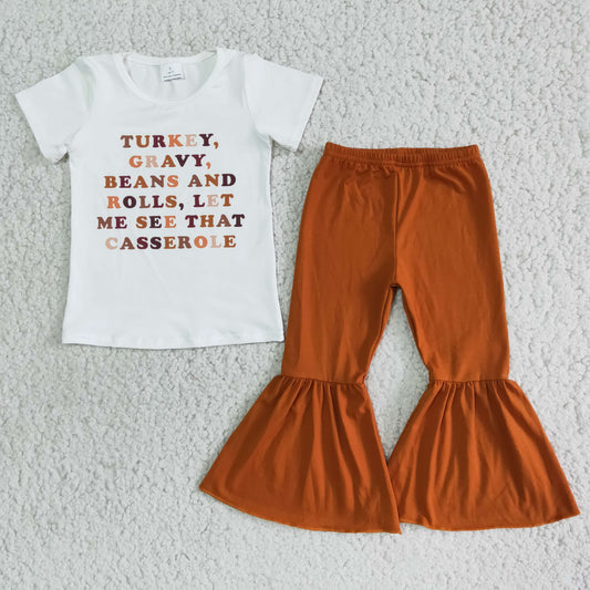 Thanksgiving orange turkey letters short sleeve bell bottom outfit