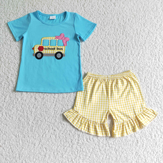 RTS School bus car embroidery school blue red bow lantern sleeve yellow short plaid sleeve shorts girl outfit 0523