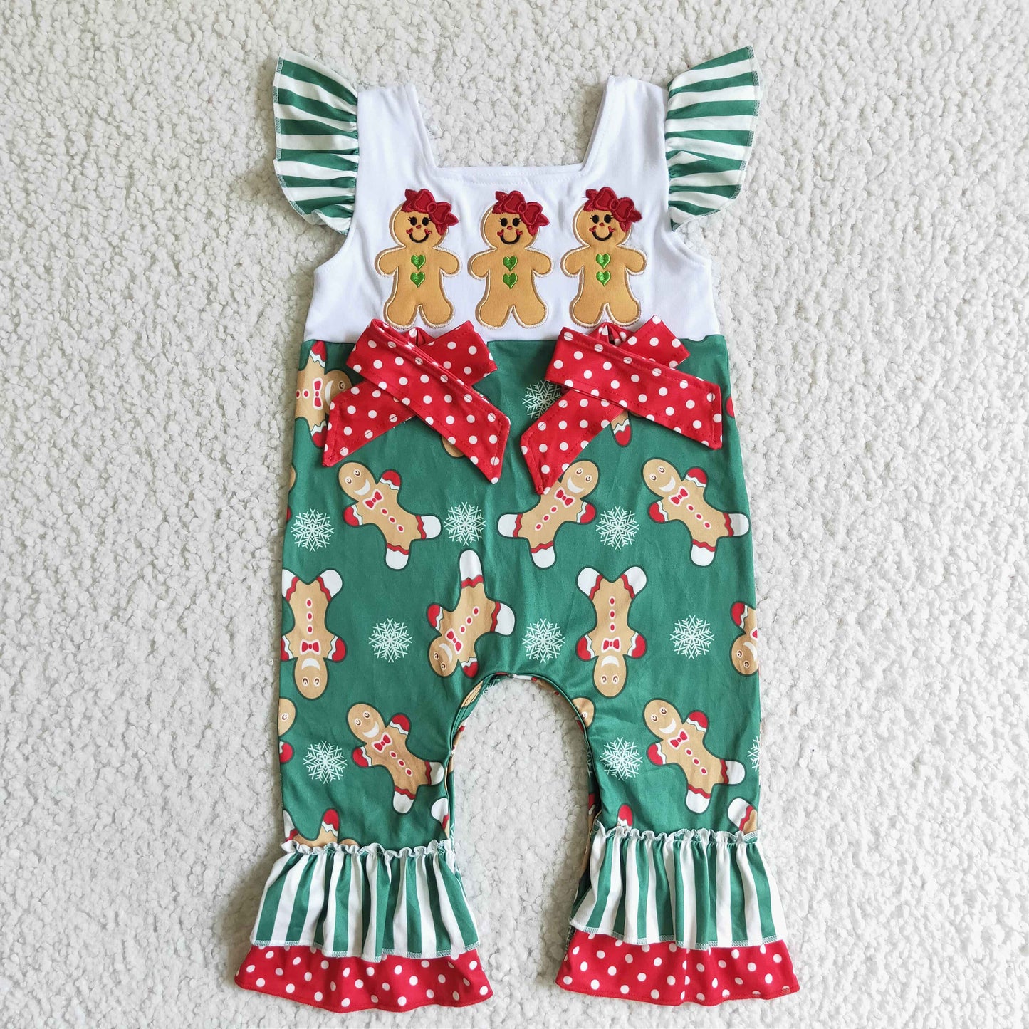 SR0064 RTS Embroidery Christmas green Ginger chookie print puffy sleeve red bow girl romper 0708
