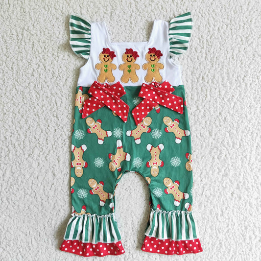 SR0064 RTS Embroidery Christmas green Ginger chookie print puffy sleeve red bow girl romper 0708