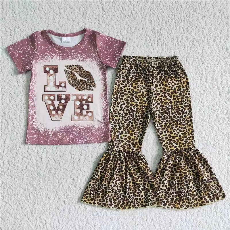 RTS Pink print love short sleeve leopard bell bottom pants girl outfit 0614