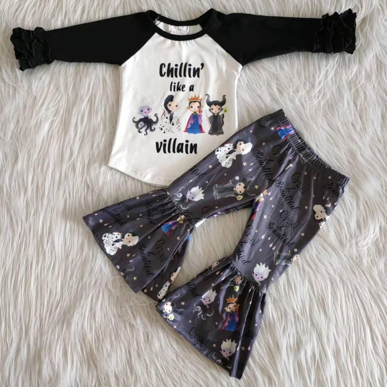 promotion 6 A28-27 cartoon chilling letters yellow long sleeves bell bottom pants outfit 202408