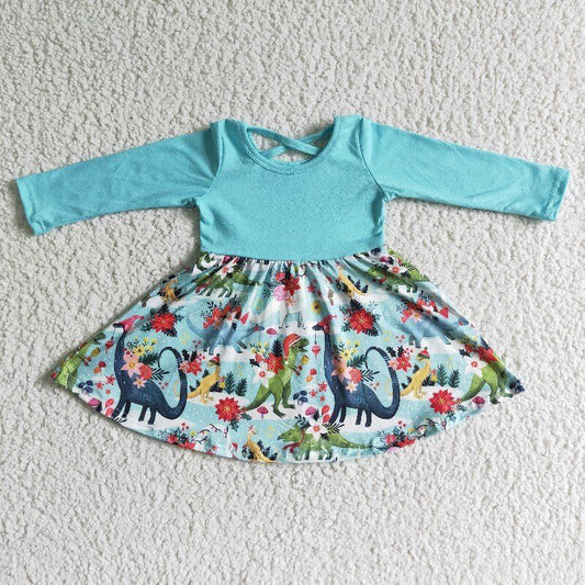 GLD0006 rts 0815 Christmas dinosaur blue long sleeve flower crisscross girl dress