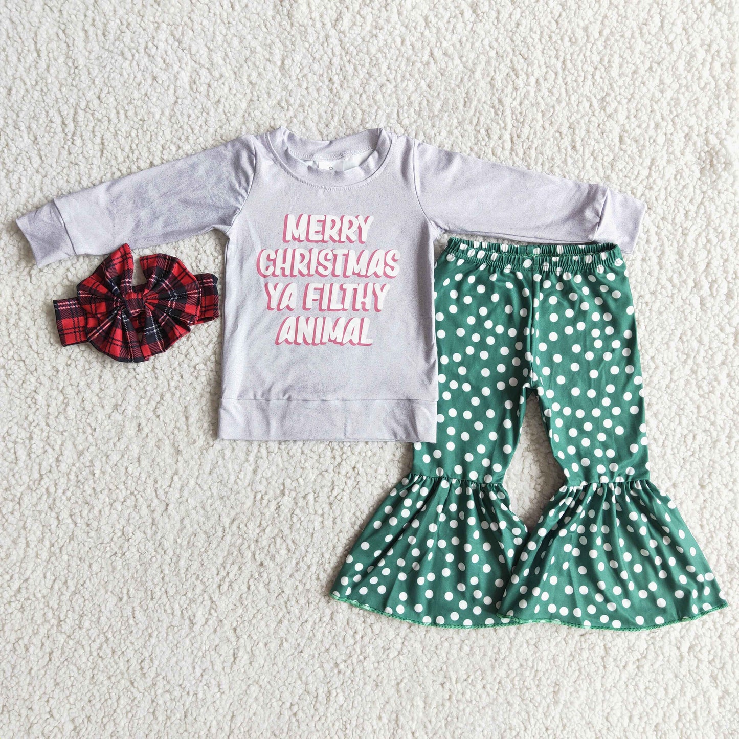 6 A7-16 Christmas girl grey white dots long sleeve bell bottom pants bow headband 3pcs outfit 1105 RTS