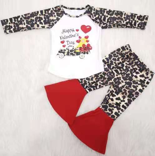 happy Valentine letters love girl leopard red long sleeve bell bottom pants outfit