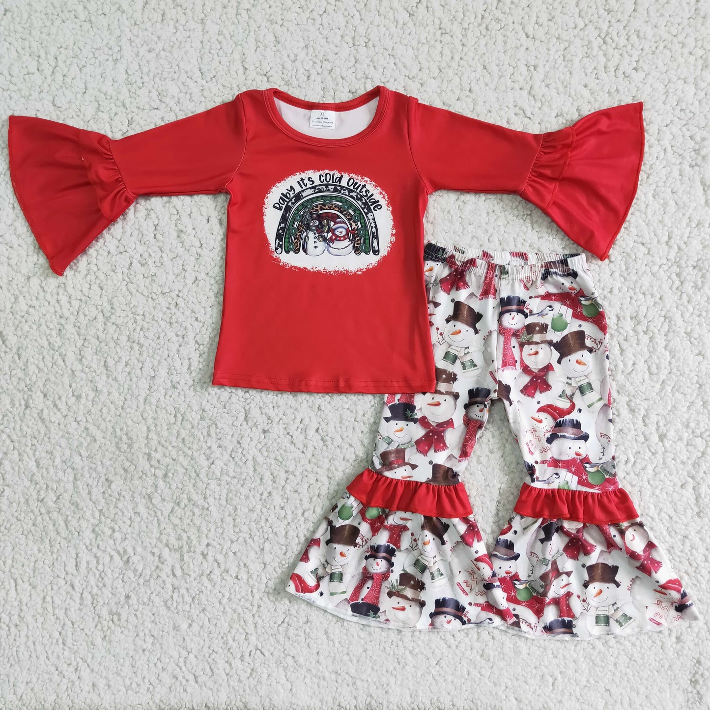 promotion 6 B6-6 Christmas red cartoon snowman lace long sleeve bell bottom girl outfit 20230524