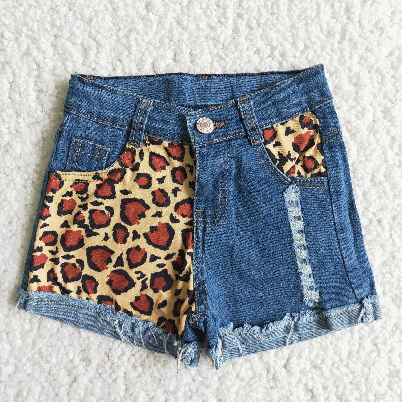 girl button blue leopard print ripped denim shorts