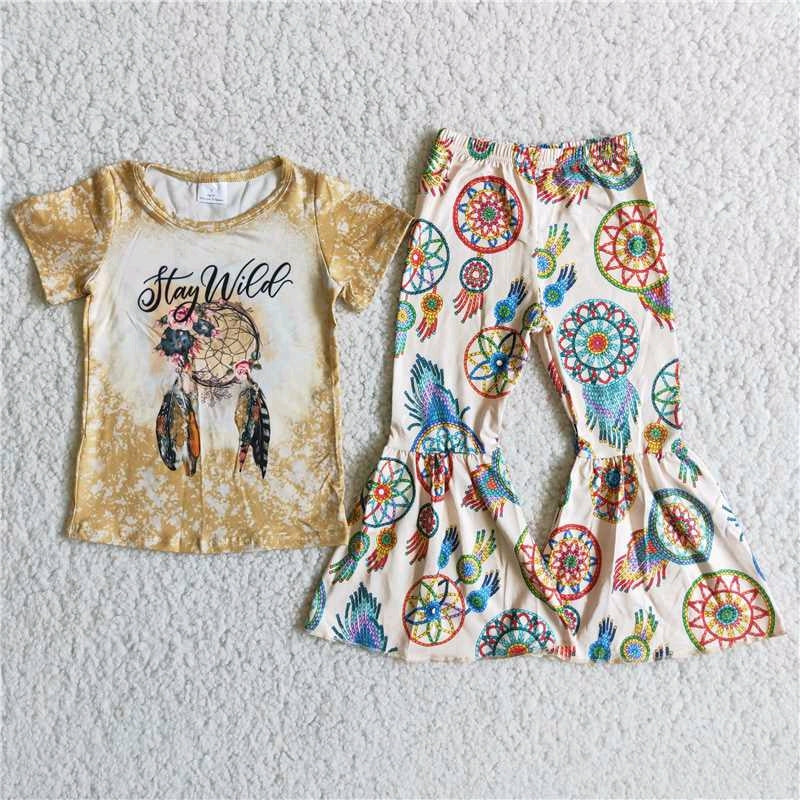 promotion golden flower earth short sleeve bell bottom outfit 0714 RTS