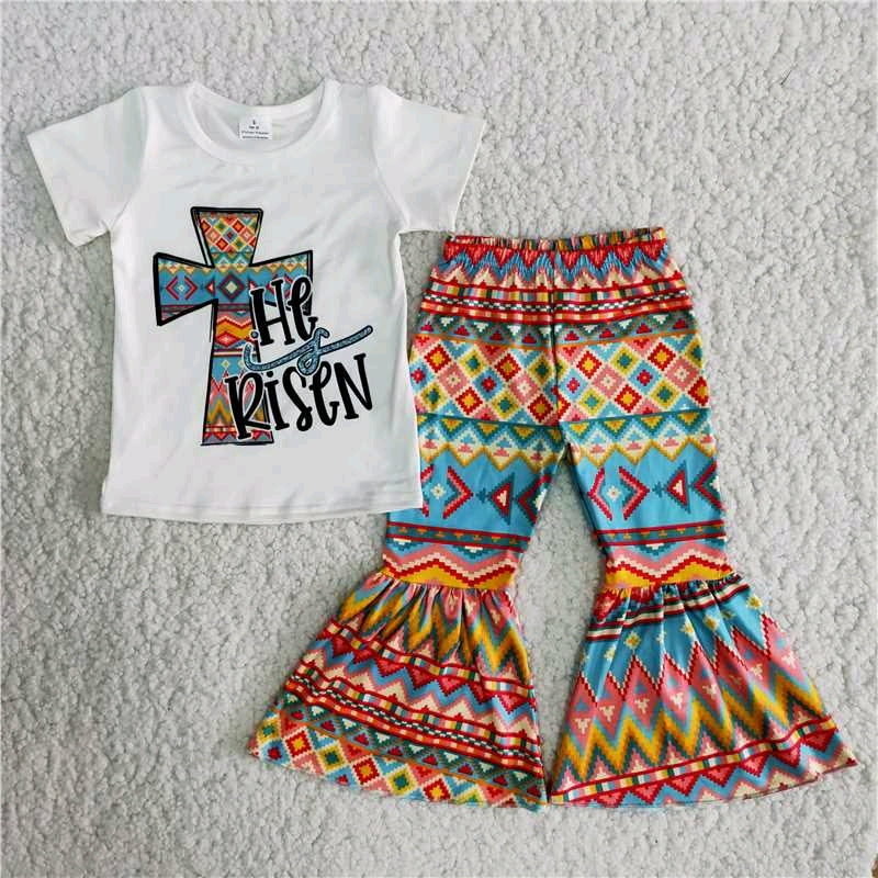 promotion RTS B11-15 Easter cross short sleeve bell bottom pants outfit 20230221