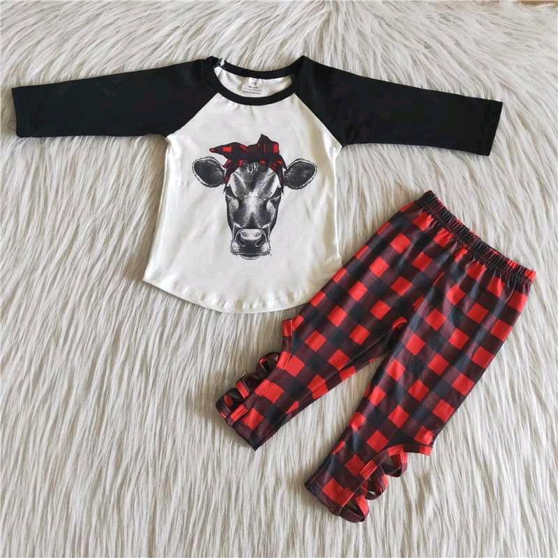 PROMOTION PRICE 6 B10-3 Cow red plaid black raglan long sleeve legging pants outfit
