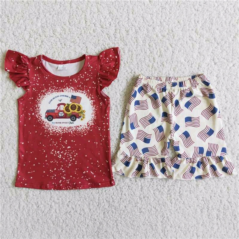 promotion RTS D9-19 American national day red short sleeve short pants outfit