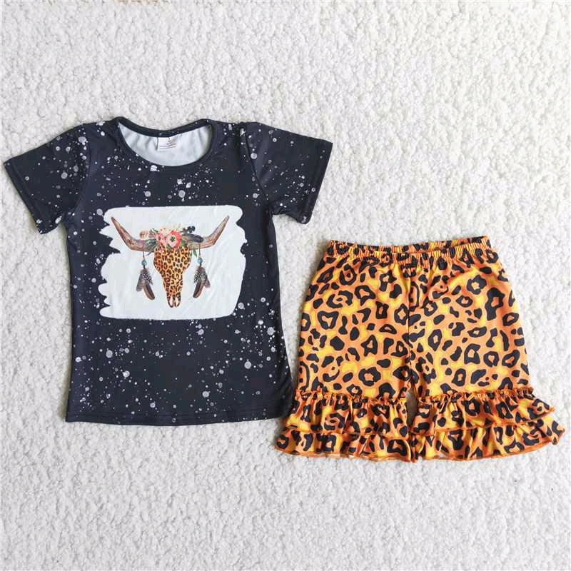 promotion RTS C14-37 girl cow print ruffles leopard print black short sleeve shorts