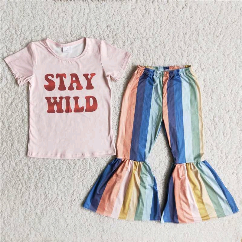 promotion C11-3 Stay Wild letters stripes pink short sleeve bell bottom girl outfit