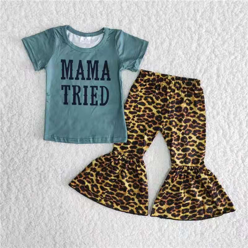 promotion RTS MAMA TRIED letter deep blue leopard print short sleeve bell bottom pants outfit
