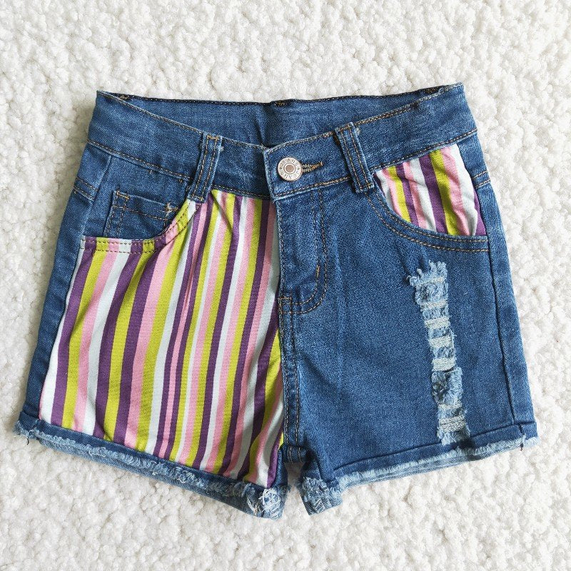 girl button blue stripe print ripped denim shorts