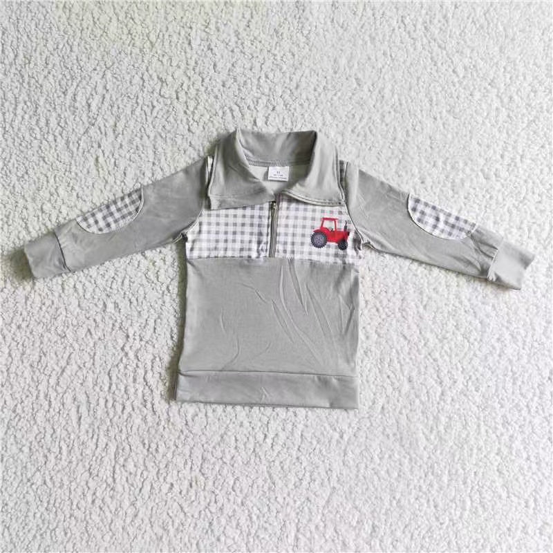 grey long sleeve shirt tractor zipper boy pullover plaid coat 0823 RTS