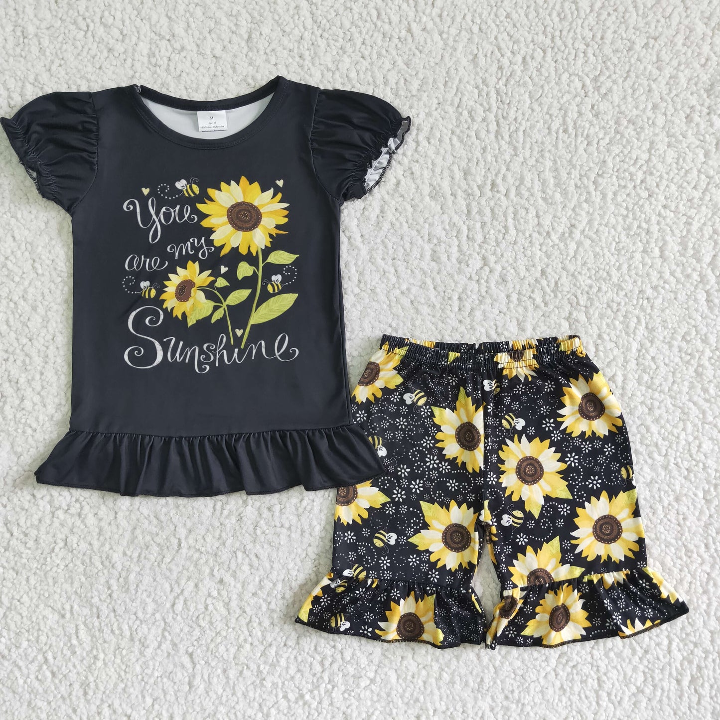 promotion RTS C10-4 Sunflower black puffy top ruffles short pants set 0423