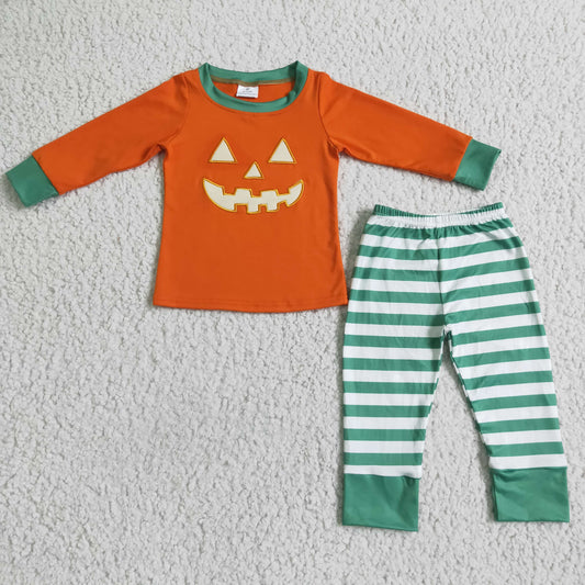 RTS 0708 halloween orange pumpkin smile long sleeve Green stripe jogger Embroidery boy pajamas outfit