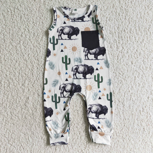 SR0071 RTS 0718 cow cactus pocket sleeveless romper