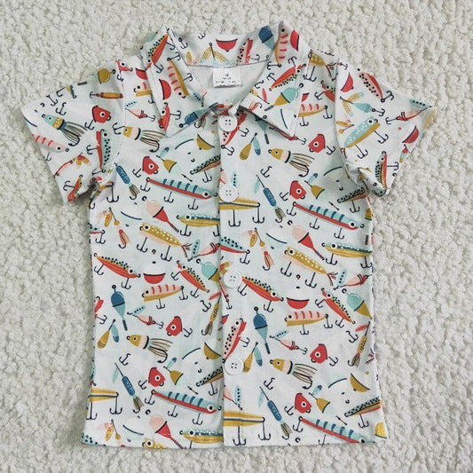 BT0013 RTS blue fish sea print white boy short sleeve shirt top 0623