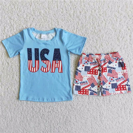 USA letters 4th of July flag blue boy short sleeve short pants set