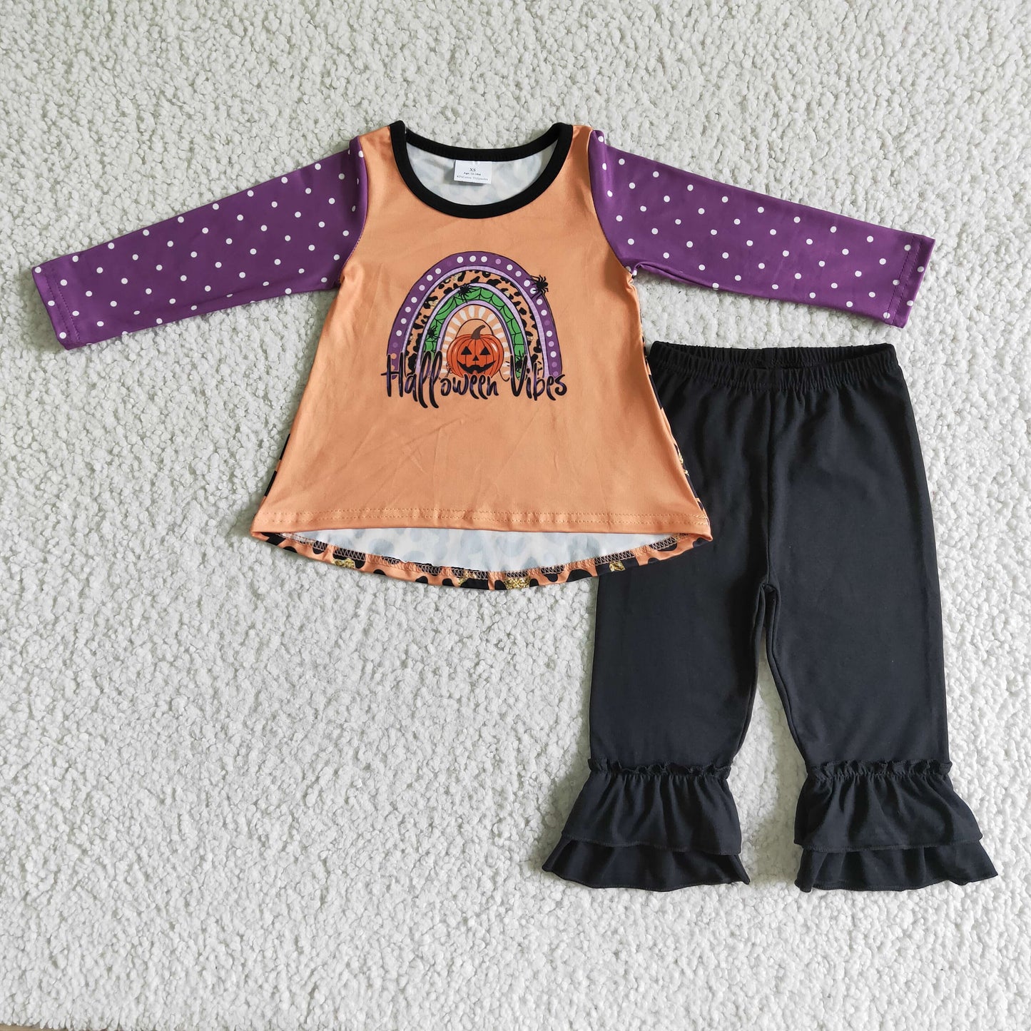 0702 RTS purple long sleeve halloween orange pumkin black pants girl outfit