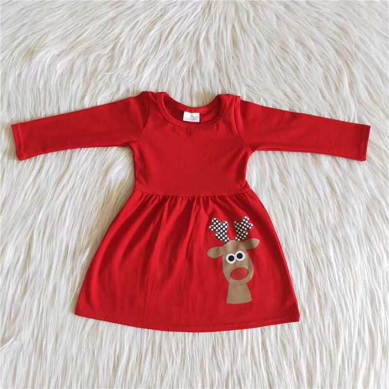 red cartoon gel print deer long sleeve dress