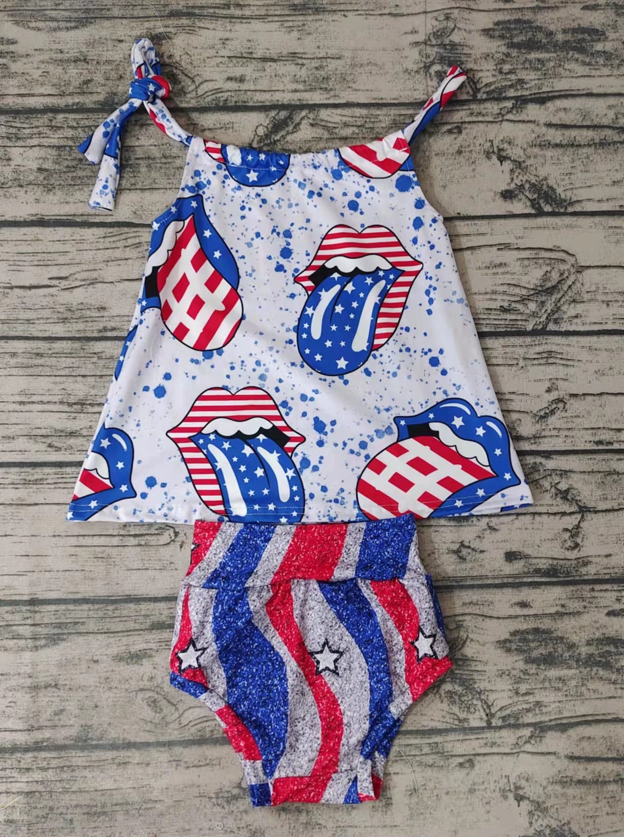 promotion price GBO0042 RTS white blue red tongue 4th July America print pajamas shorts boy girl outfit 2023 0429