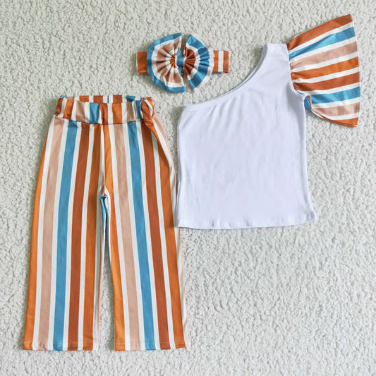 GSPO0076 RTS (choose headband below ) blue orange colorful stripe pants one flare sleeve girl outfit real pic 0608
