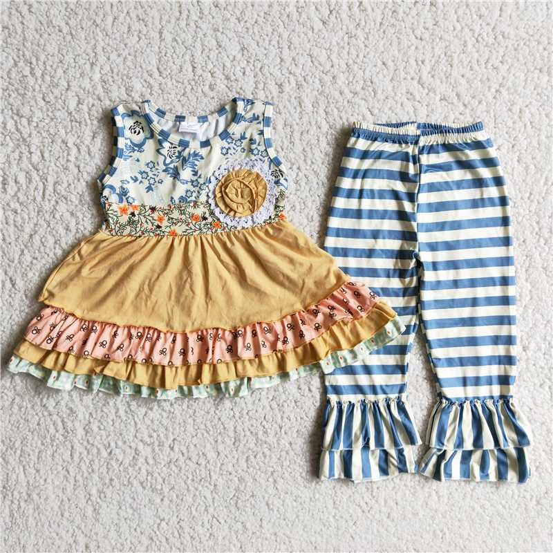 RTS yellow ruffle lace flowers blue stripe girl sleeveless pants girl outfit 0516