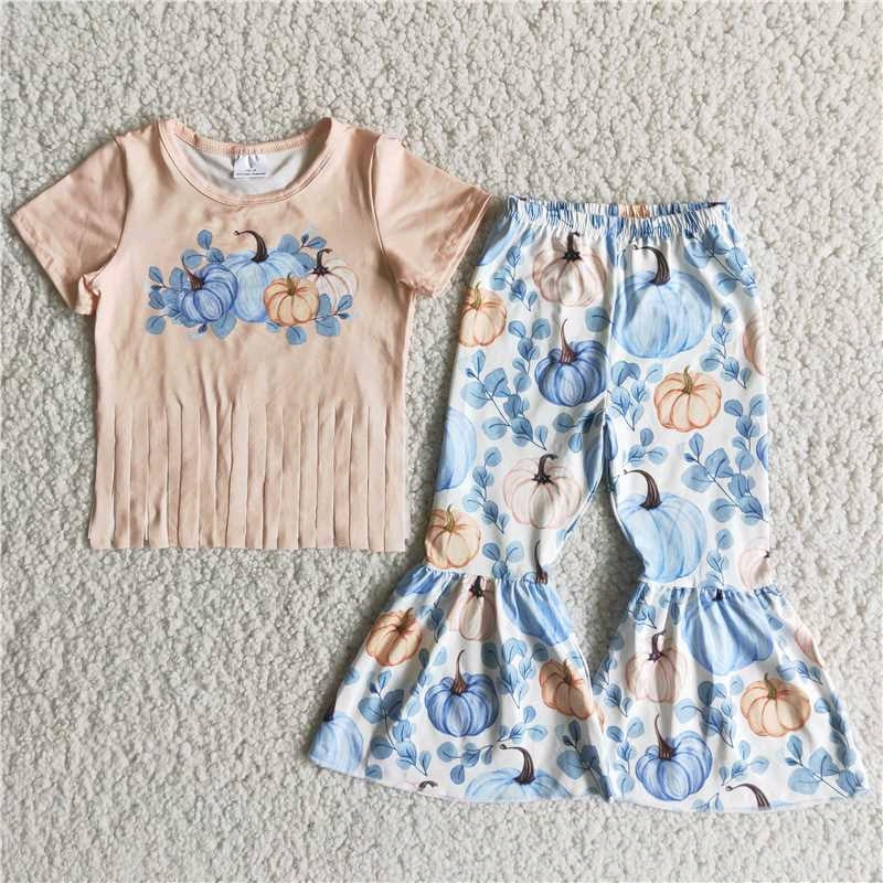 promotion RTS C10-9 pumpkin blue tassels short sleeve bell bottom outfit