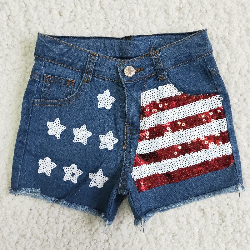 4th July girl star red white stripe sequins blue ripped denim shorts