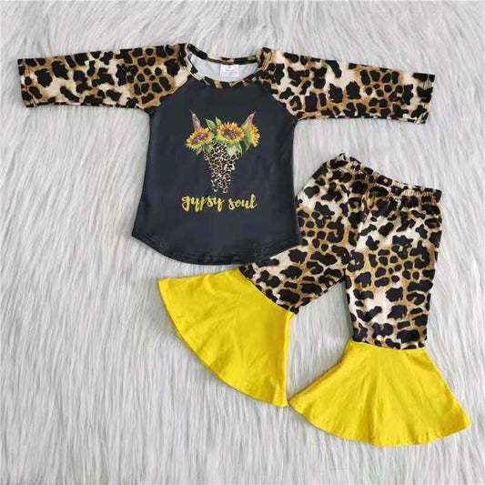 promotion 6 B8-37 cow flowers head long sleeves sunflower yellow bell bottom leopard pants outfit 202408