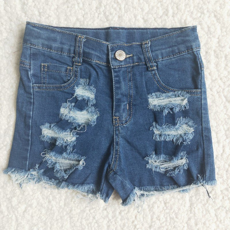 girl button blue ripped denim shorts