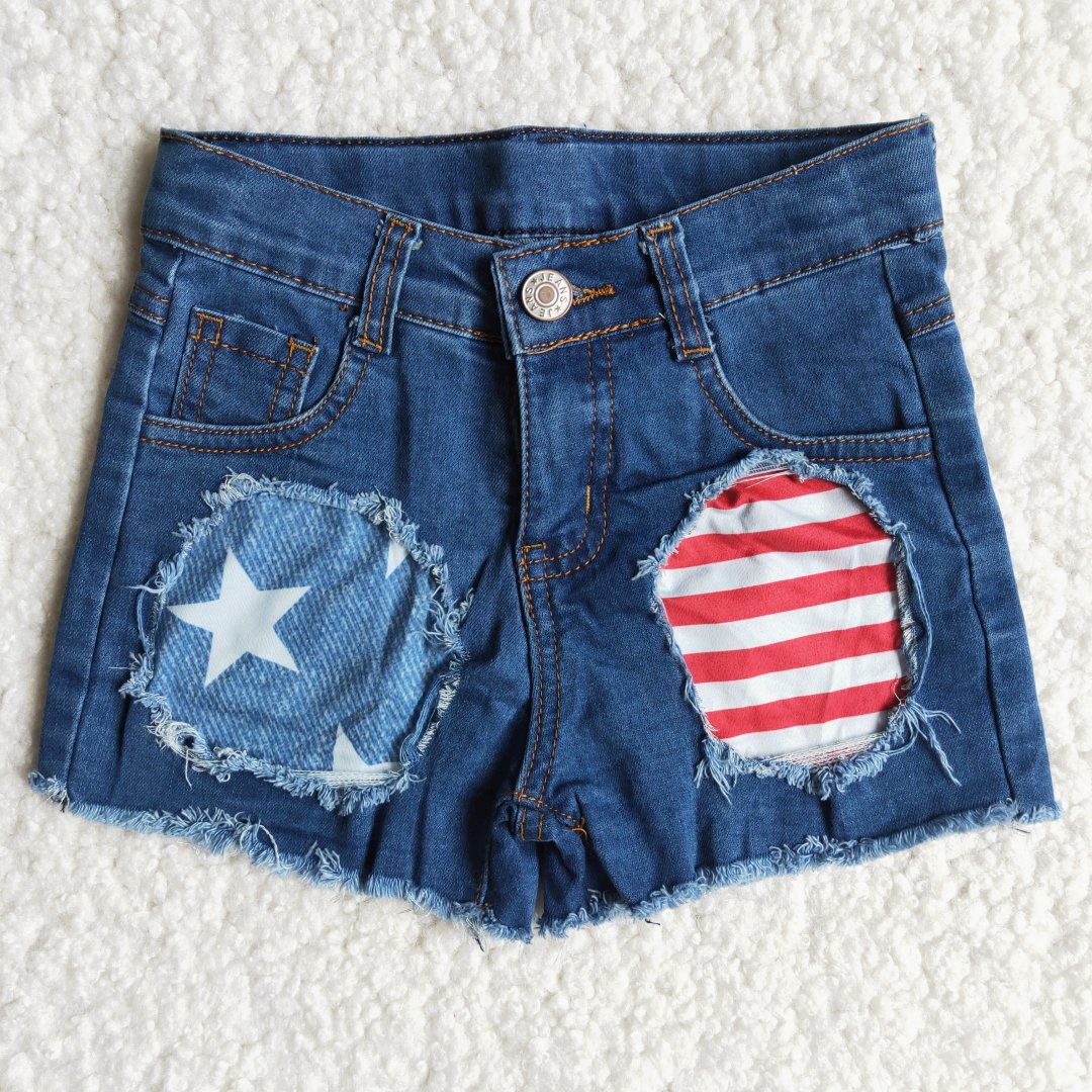 girl button blue stripe star ripped denim shorts