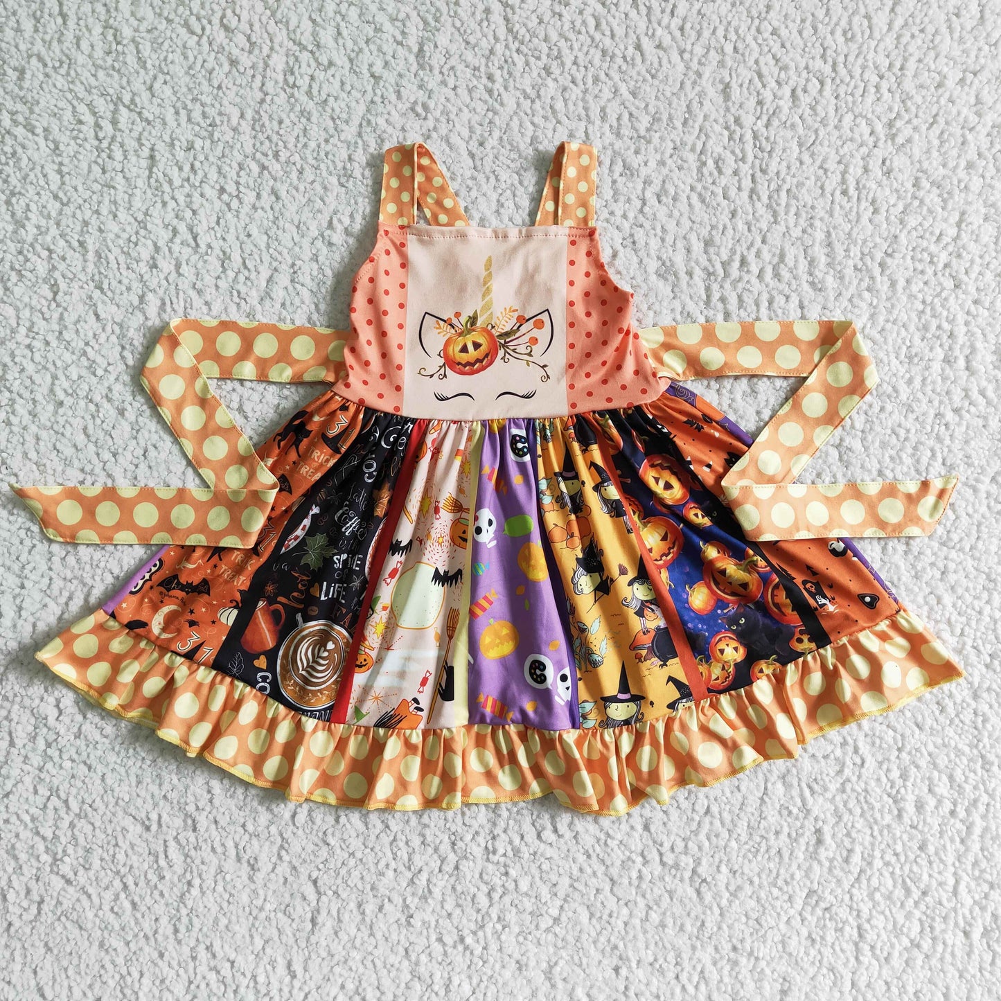 Promotion 202410 B18-11 halloween pumpkin dot belt lace patchwork sleeveless dress 0519 RTS
