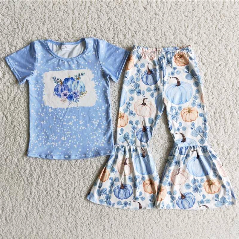 promotion RTS B9-13 flower pumpkin blue short sleeve bell bottom girl outfit 20230530
