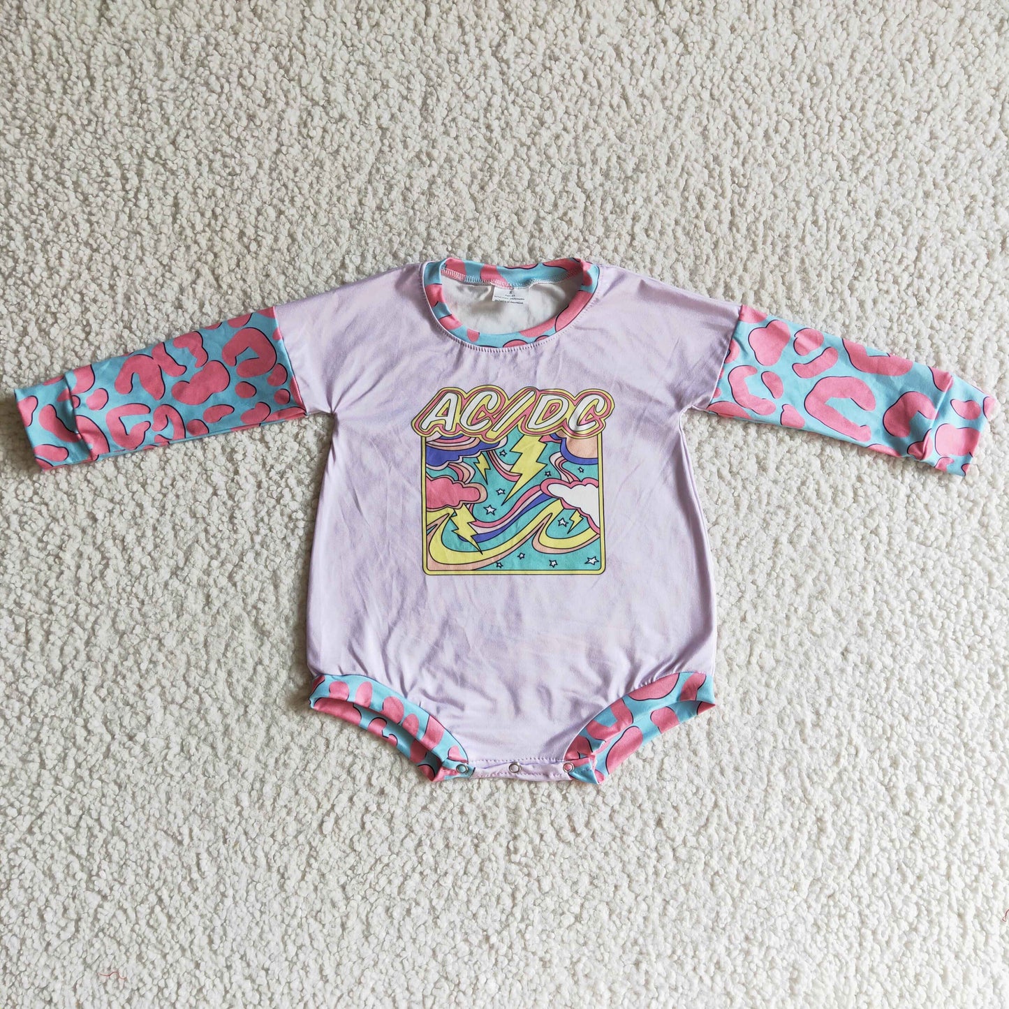 RTS pink blue leopard snap AC DC girl Bubble romper 0908
