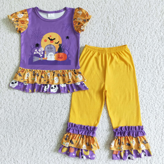 RTS cartoon ghost moon pumpkin purple orange halloween short sleeve pants girls outfits 0709