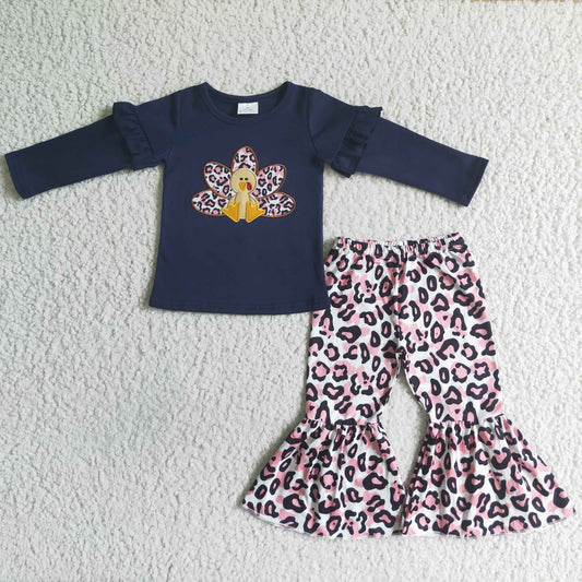 RTS 0715 embroidered blue long sleeve turkey top leopard ruffle pants girl romper clothes thanksgiving