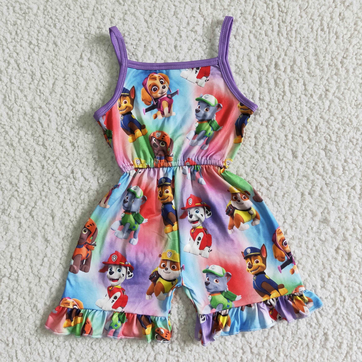 SR0023 RTS purple stripe puffy top colorful dogs short sleeve dots ruffle shorts girl overall 0516