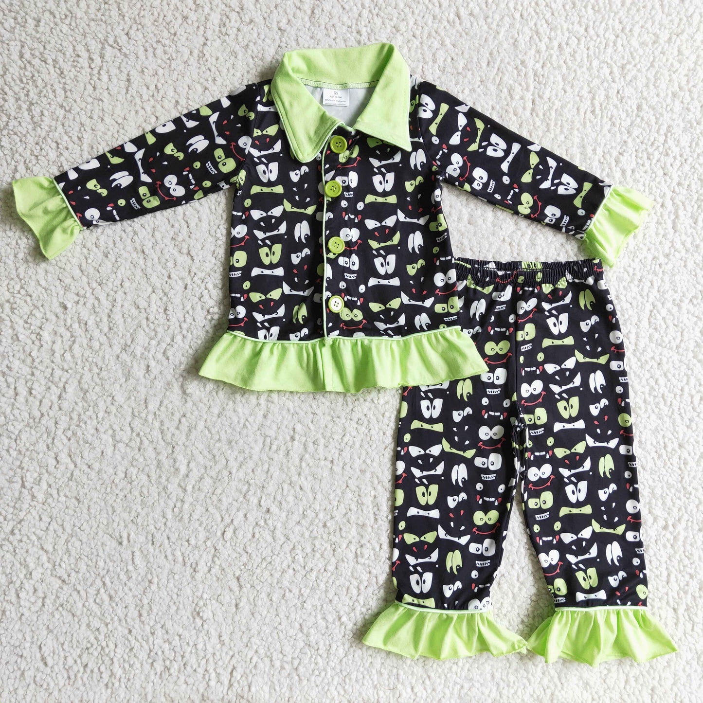 GLP0097 cartoon green eyes long sleeve long pants black green girl pajamas outfit 1103