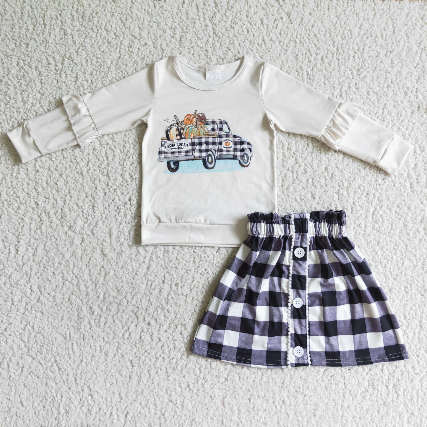 promotion RTS GLD0070 long sleeve pumpkin car black plaid skirt girl outfit 0812