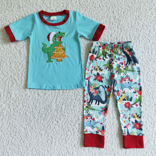 RTS Christmas embroidery dinosaur print blue short sleeve jogging boy outfit pajamas  0629