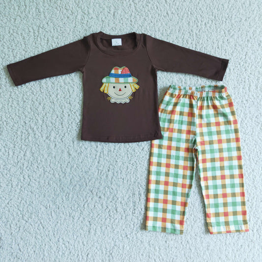 BLP0012 RTS brown long sleeve embroidery scarecrow plaid pants boy outfit clothes 0725
